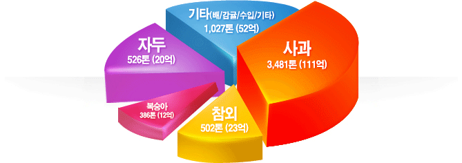 주요 품목의 취급현황 그래프 : 사과 3,481톤(111억), 참외 502톤(23억), 복숭아 386톤(12억), 자두 526톤(20억), 기타(배/감귤/수입/기타) 1,027톤(52억)