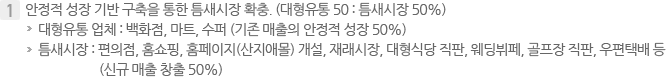 안정적 성장 기반 구축을 통한 틈새시장 확충. (대형유통 50 : 틈새시장 50%)대형유통 업체 : 백화점, 마트, 수퍼 (기존 매출의 안정적 성장 50%)틈새시장 : 편의점, 홈쇼핑, 홈페이지(산지애몰) 개설, 재래시장, 대형식당 직판, 웨딩뷔페, 골프장 직판, 우편택배 등 (신규 매출 창출 50%)