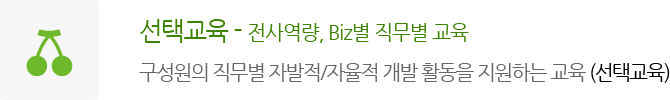 선택교육 - 전사역량, Biz별 직무별 교육
							구성원의 직무별 자발적/자율적 개발 활동을 지원하는 교육 (선택교육)